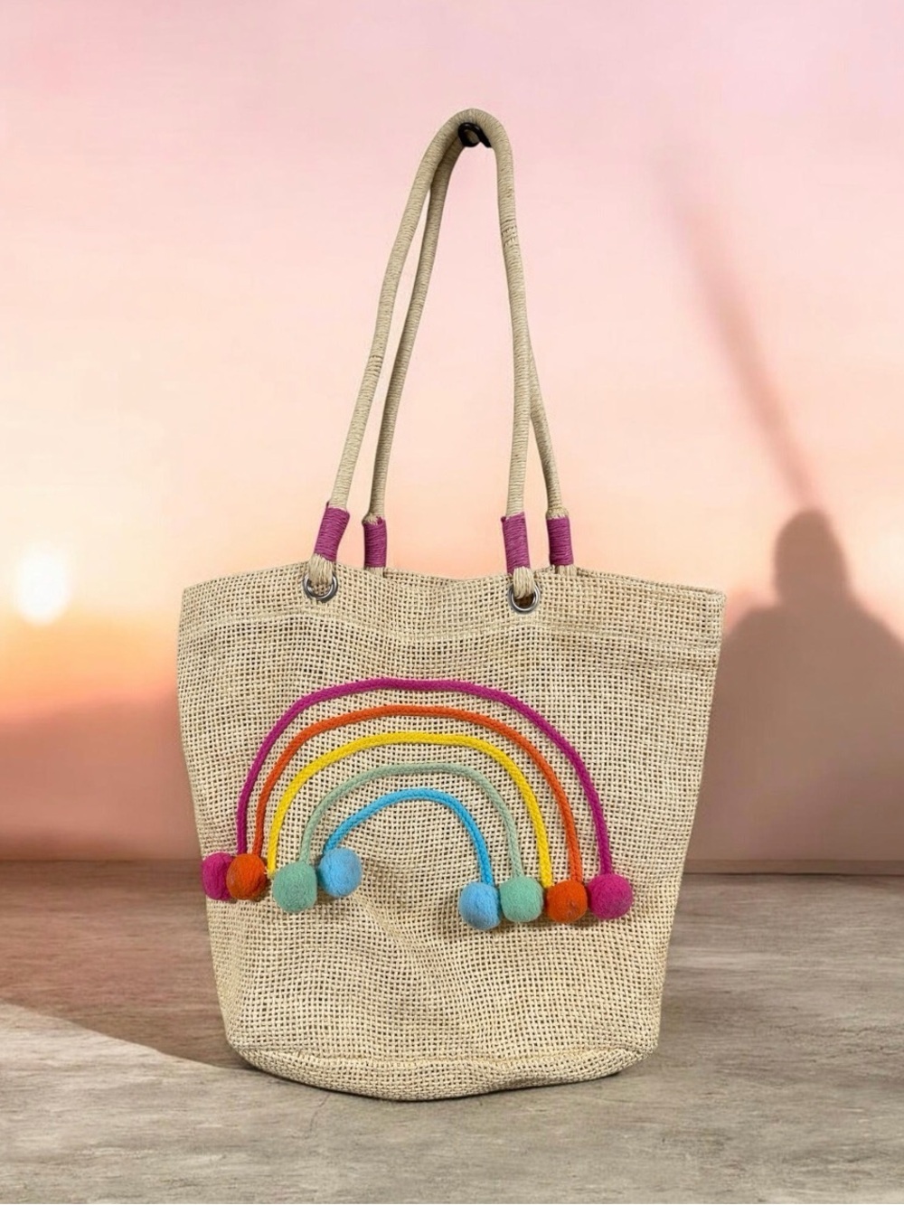 Capelli of New York Cream Straw Tote with Rainbow Embroidery and Pom-Poms